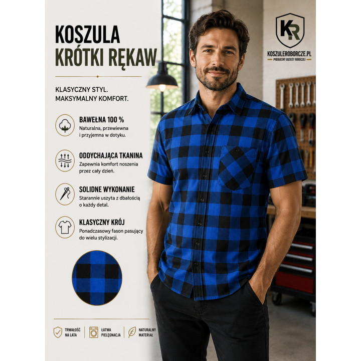Koszula flanelowa krótki rękaw 100% bawełna 170 g Niebieska