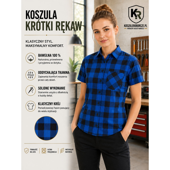 Koszula flanelowa krótki rękaw 100% bawełna 170 g Niebieska