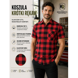 Koszula flanelowa krótki rękaw 100% bawełna 170 g/m² czerwona