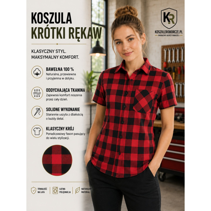 Koszula flanelowa krótki rękaw 100% bawełna 170 g/m² czerwona