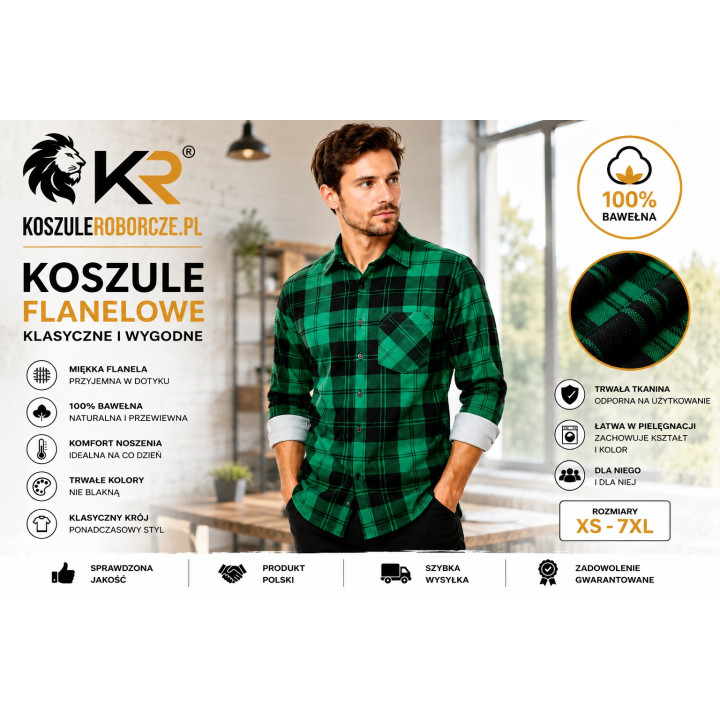 Koszula flanelowa robocza 100% bawełna 170 g/m² zielono-czarna
