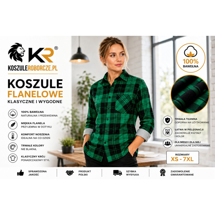 Koszula flanelowa robocza 100% bawełna 170 g/m² zielono-czarna