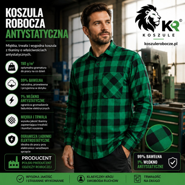 Koszula robocza antystatyczna 190 g/m² Zielono-Czarna