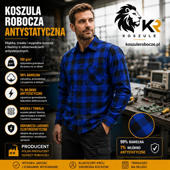 Koszula robocza antystatyczna 190 g/m² 99% bawełna – Niebiesko-Czarna