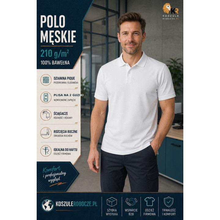 Koszulka polo męska biała 210 g/m² – 100% bawełna