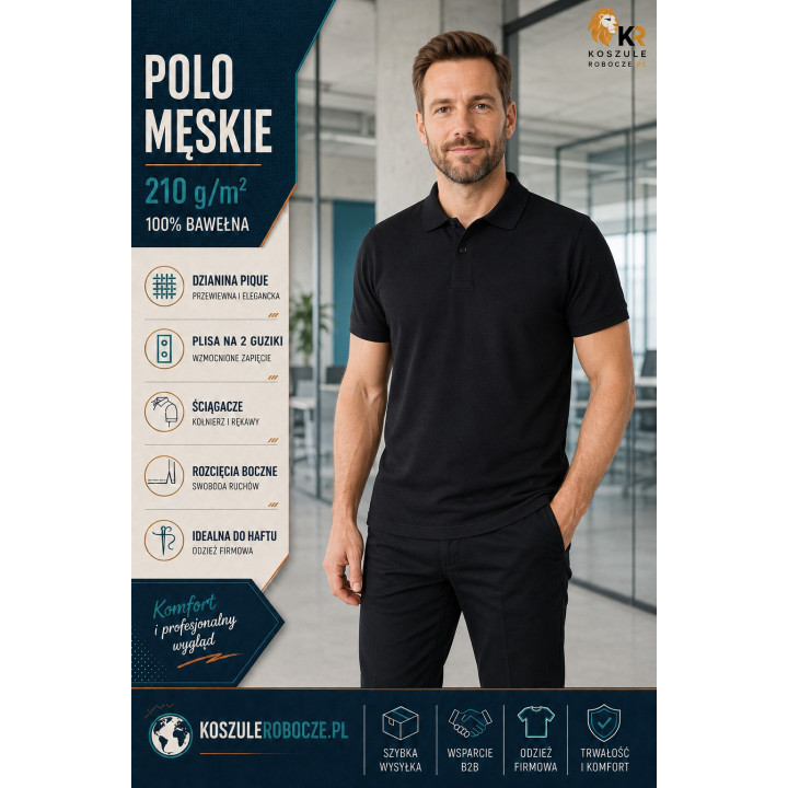 Koszulka polo męska czarna 210 g/m² – 100% bawełna