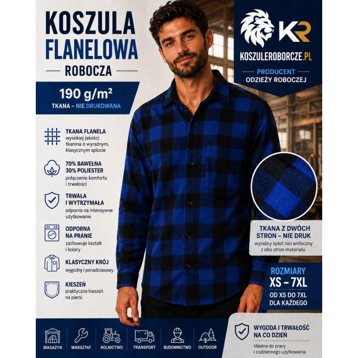 Koszula flanelowa robocza niebieska 190 g/m² | Pranie przemysłowe
