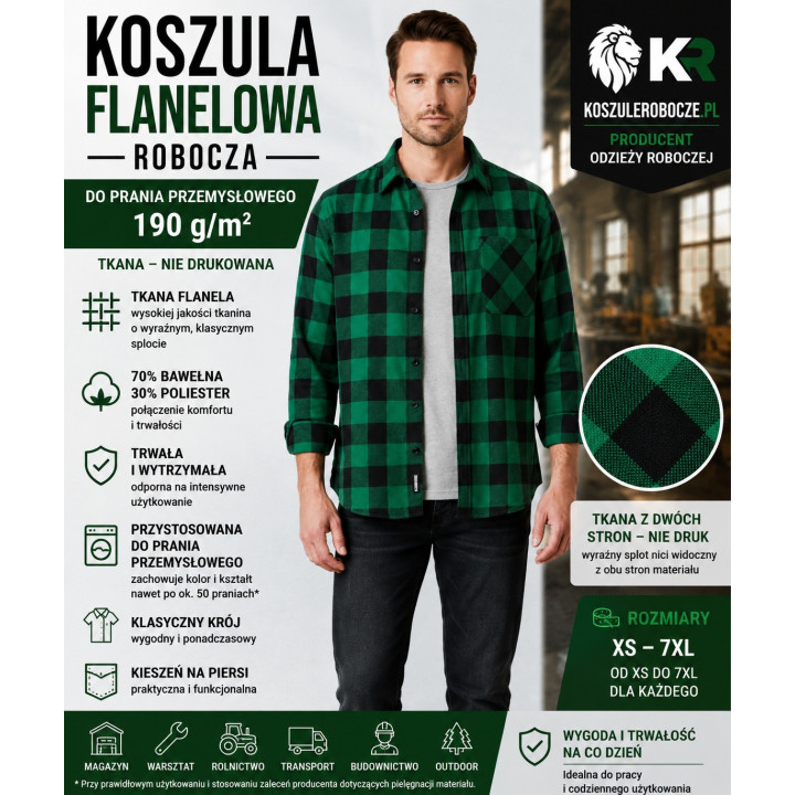 Koszula flanelowa robocza do prania przemysłowego 190 g/m² | 70% bawełna 30% poliester
