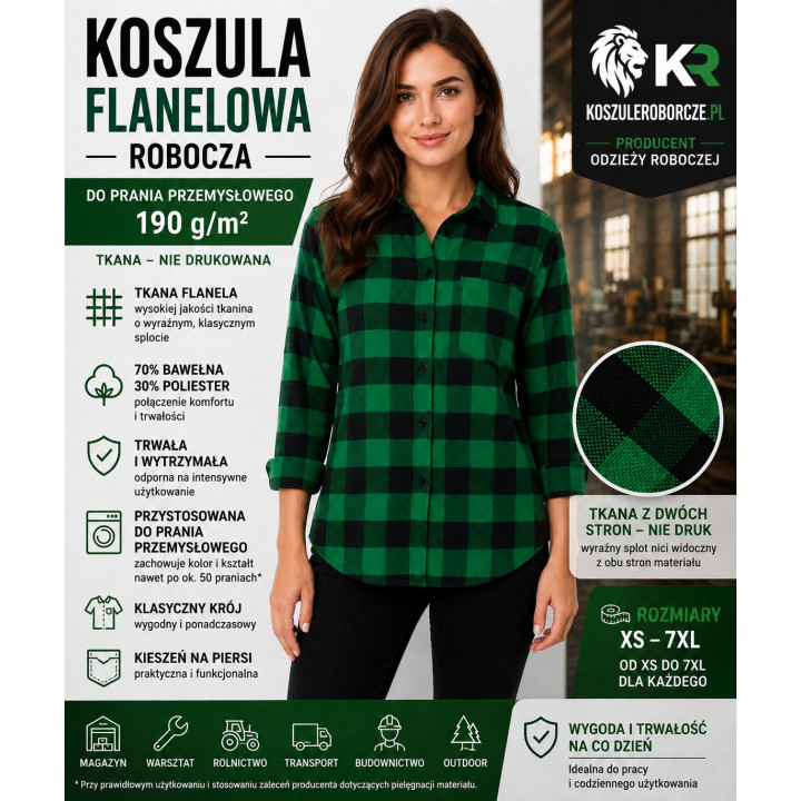Koszula flanelowa robocza do prania przemysłowego 190 g/m² | 70% bawełna 30% poliester