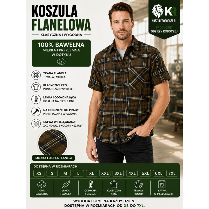 Koszula flanelowa z krótkim rękawem 100% bawełna 170 g/m²