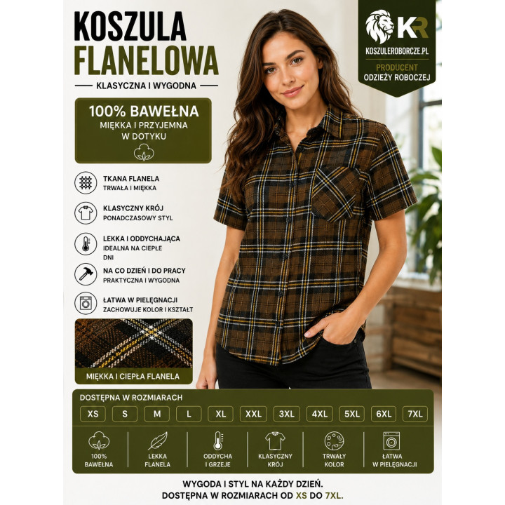 Koszula flanelowa z krótkim rękawem 100% bawełna 170 g/m²