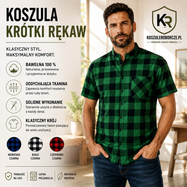 Koszula flanelowa z krótkim rękawem 100% bawełna 170 g/m²