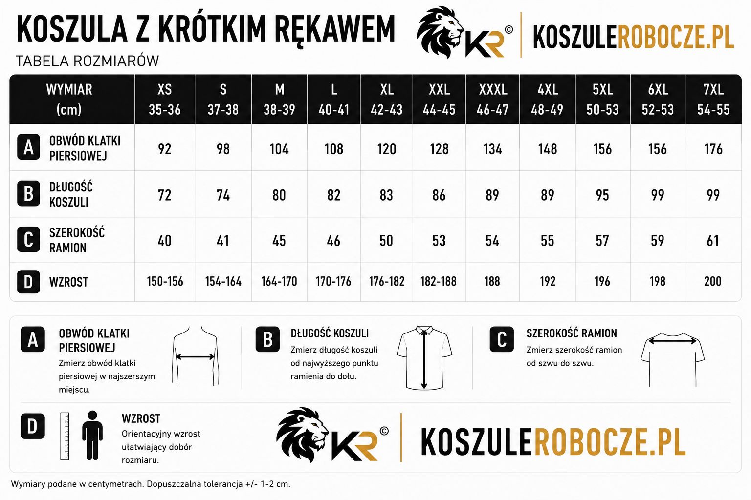 Tabela rozmiarów krótki rękaw